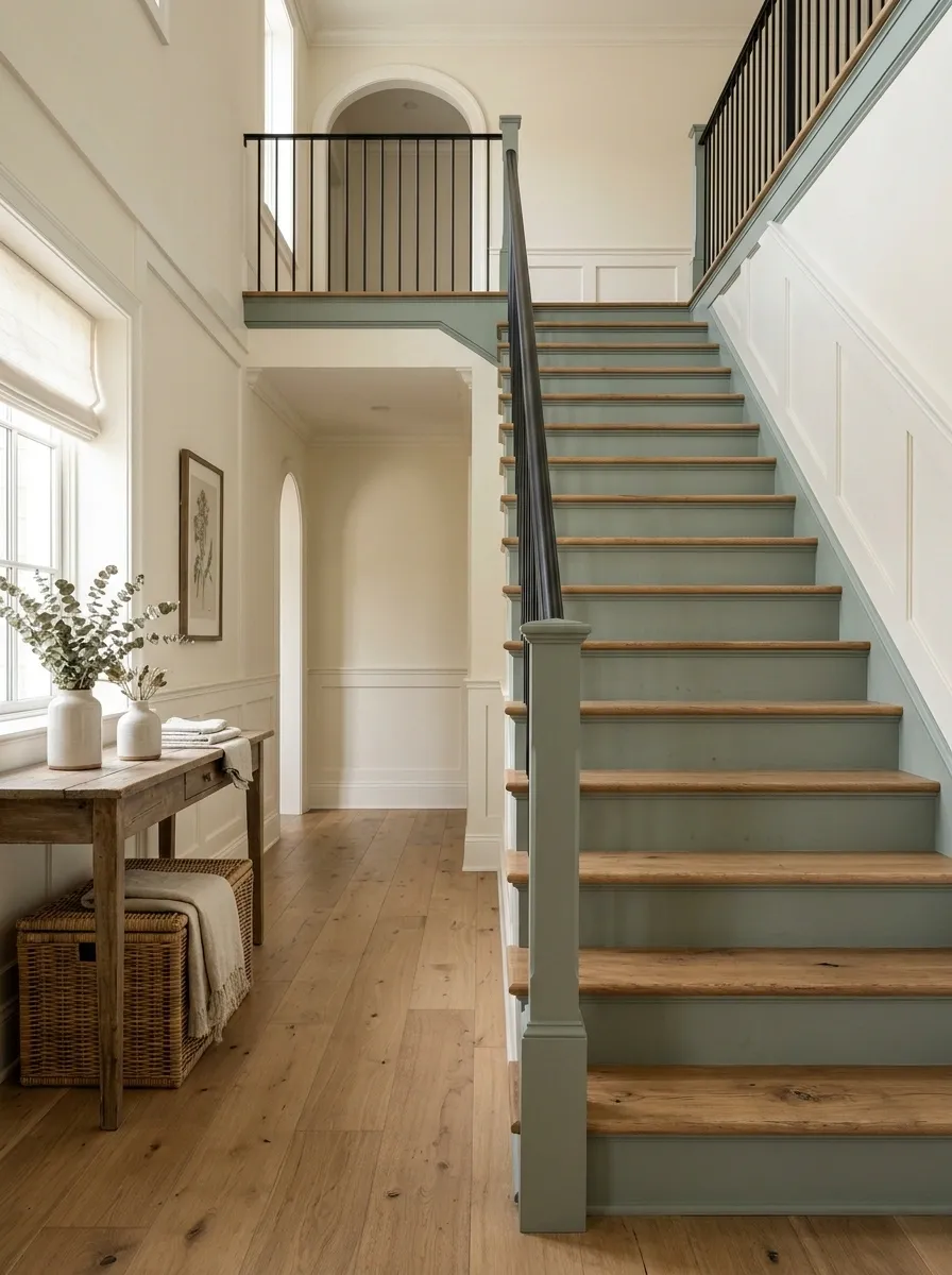 Muted Sage Staircase With Natural Wood and Cream Walls