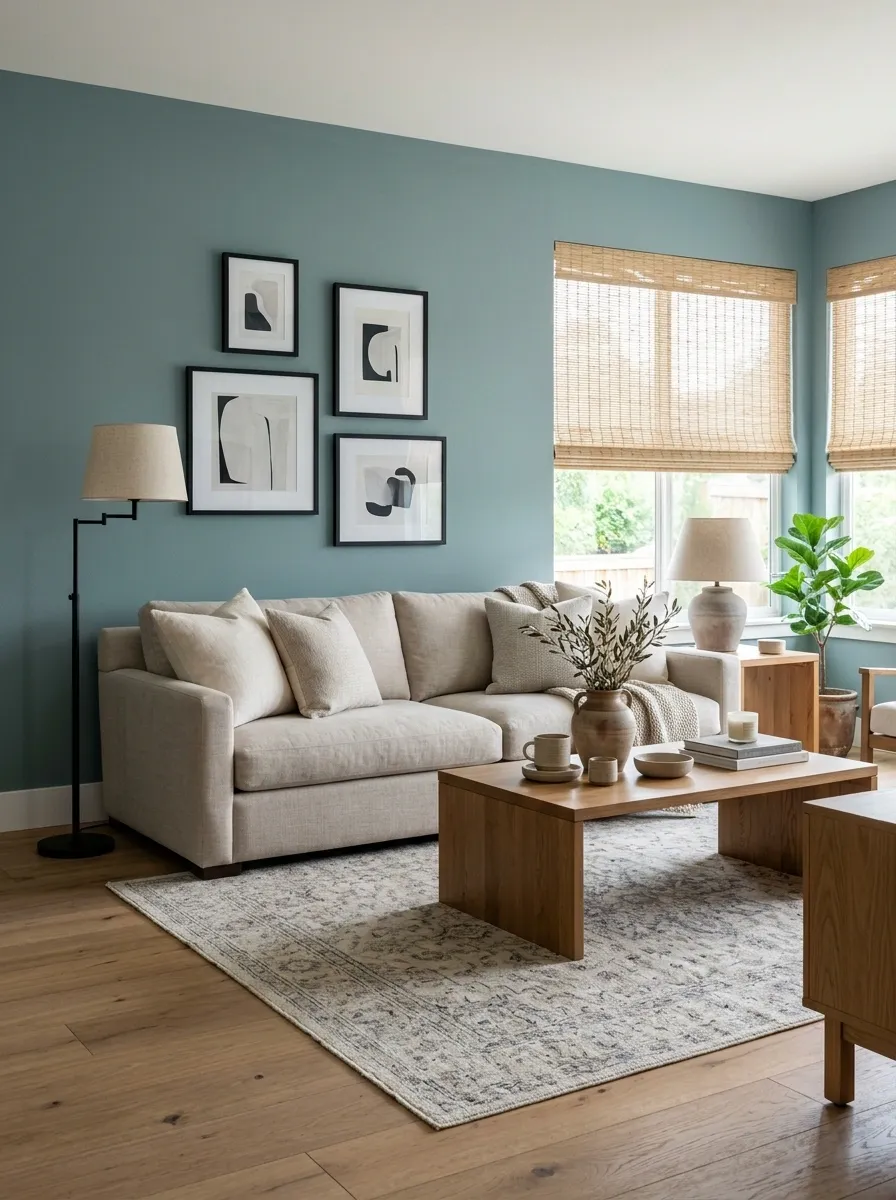 Muted Teal Living Room With Warm Oak and Oatmeal