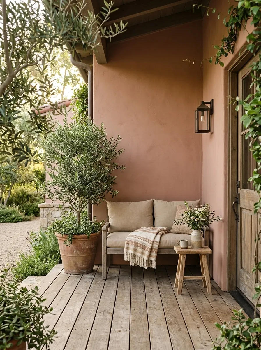 Muted Terracotta Porch With Sand and Olive Accents