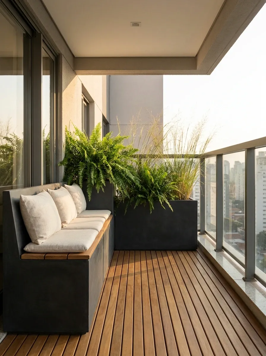 Narrow Balcony With Built-In-Looking Planter Benches