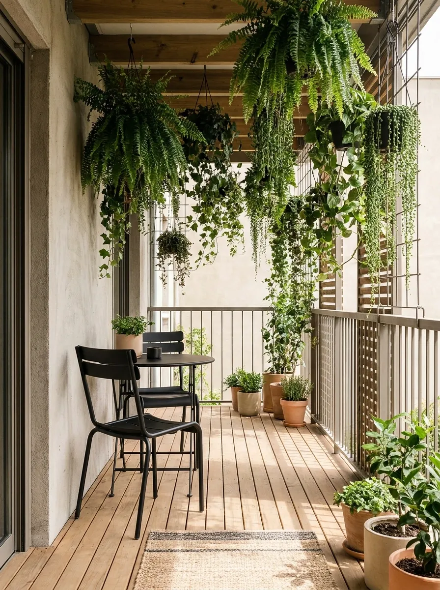 Narrow Balcony With Hanging Planters Above a Clear Floor
