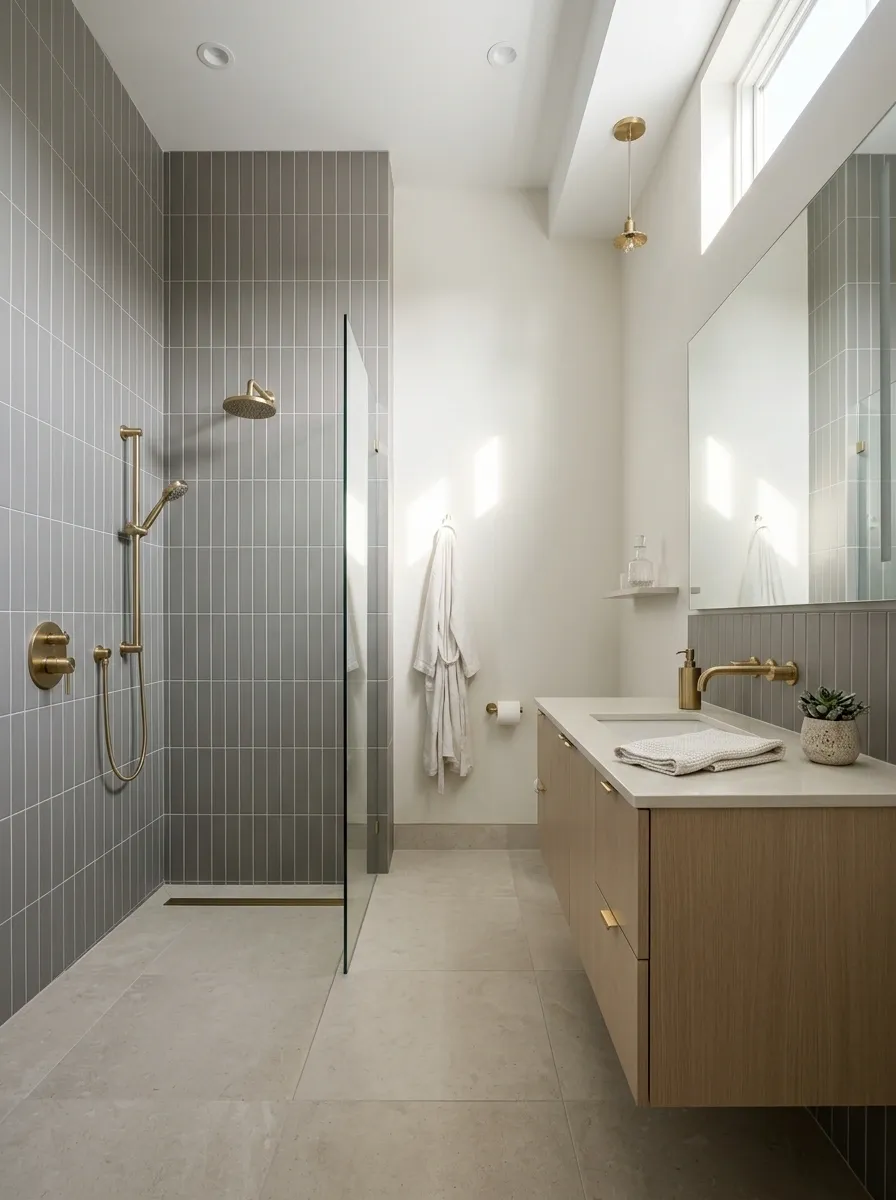 Narrow Bathroom With Vertical Grey Tile and Beige Vanity