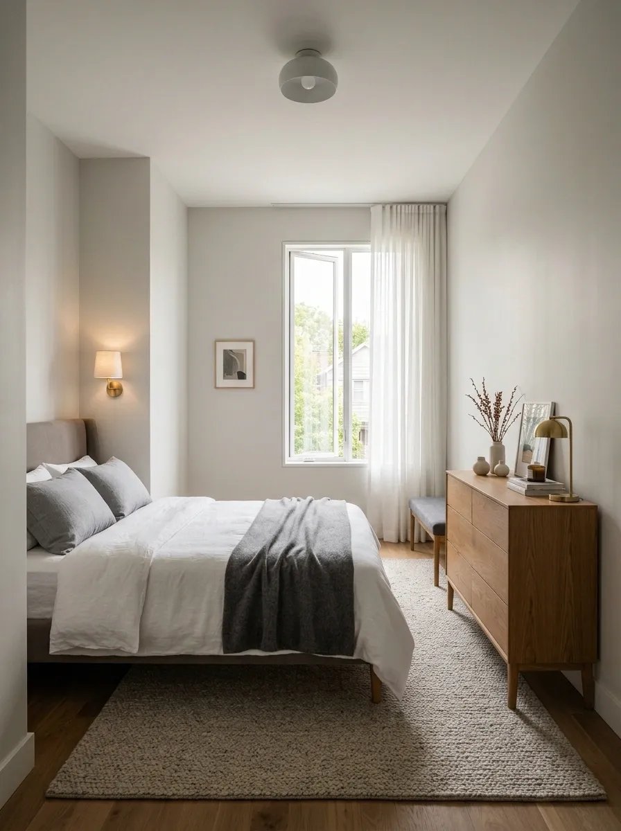 Narrow Bedroom With the Bed Turned Sideways