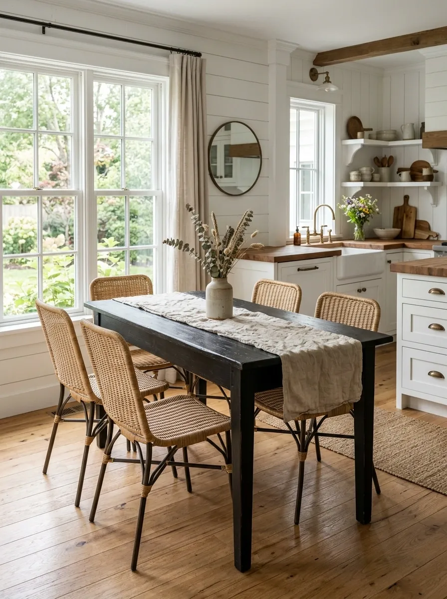 Narrow Black Farmhouse Table With Woven Chairs