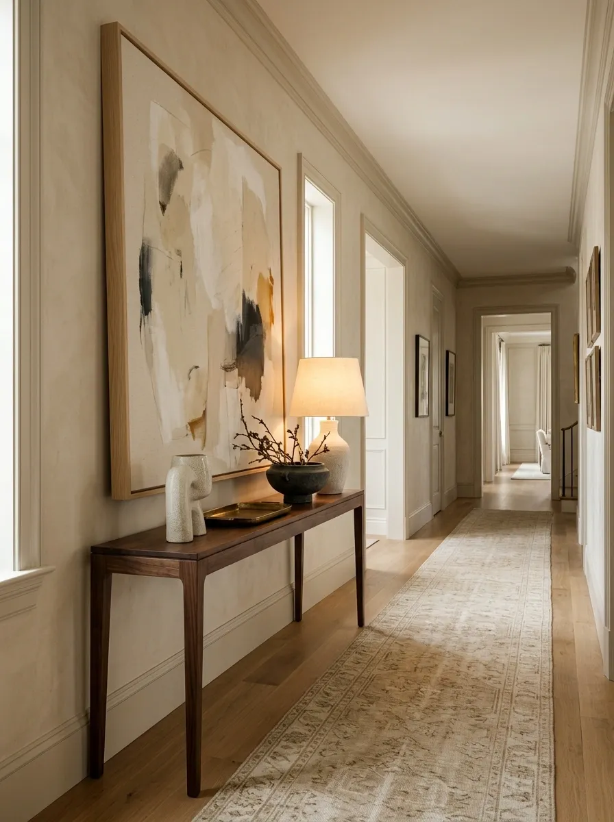 Narrow Console Beneath a Large Leaning Artwork in a Long Hall