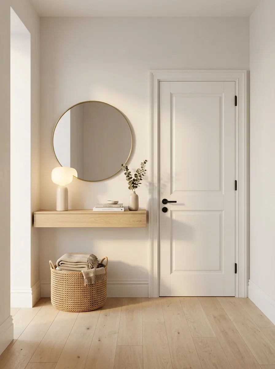 Narrow Entryway With a Slim Console Positioned Around the Door Swing
