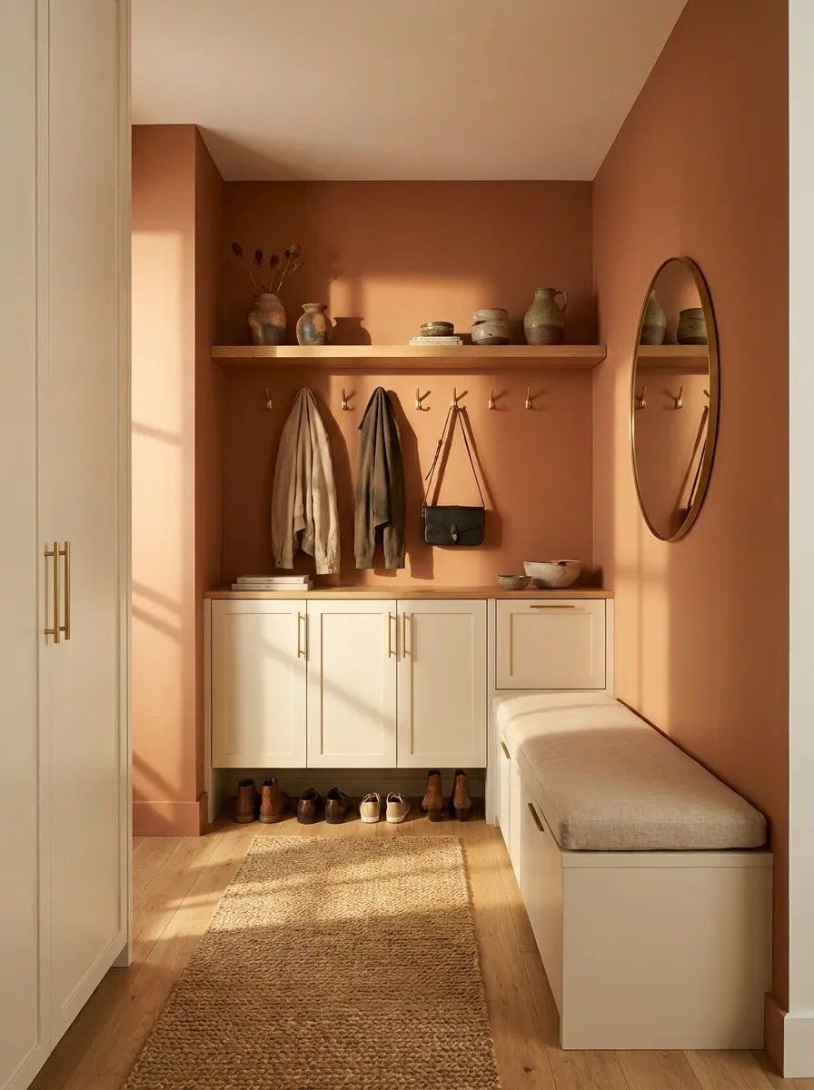 Narrow Entryway With a Split-Level Storage Wall