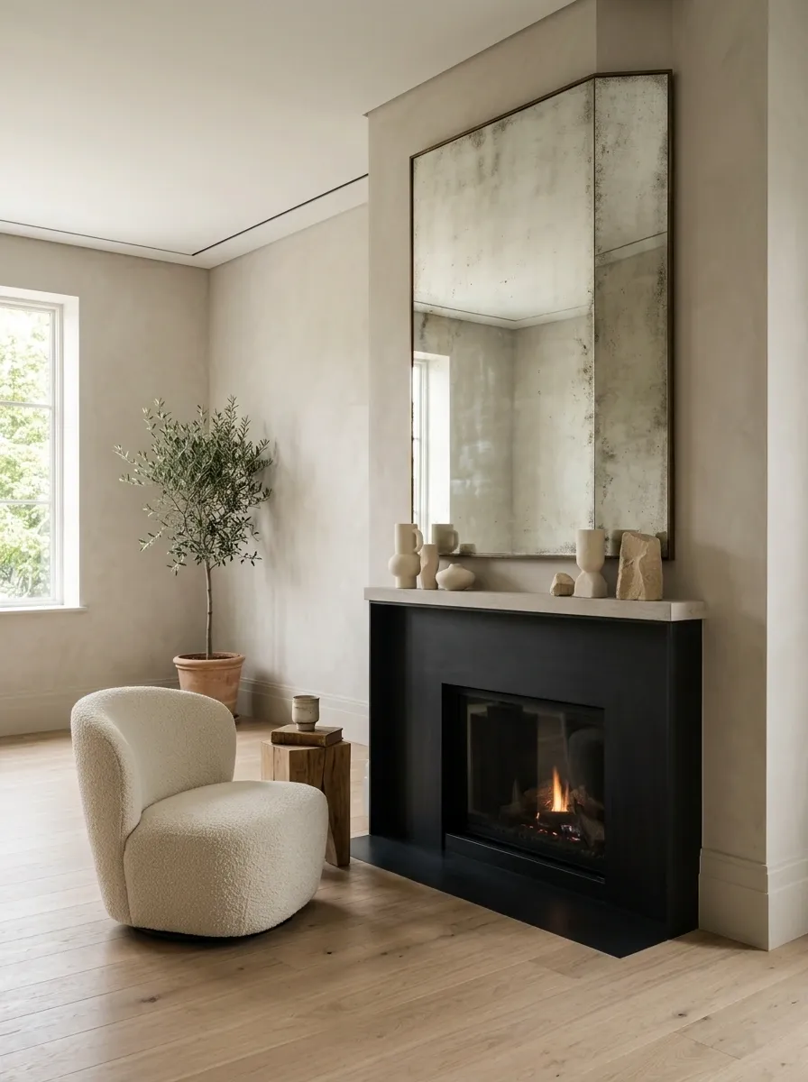 Narrow Fireplace Mantel With Oversized Mirror