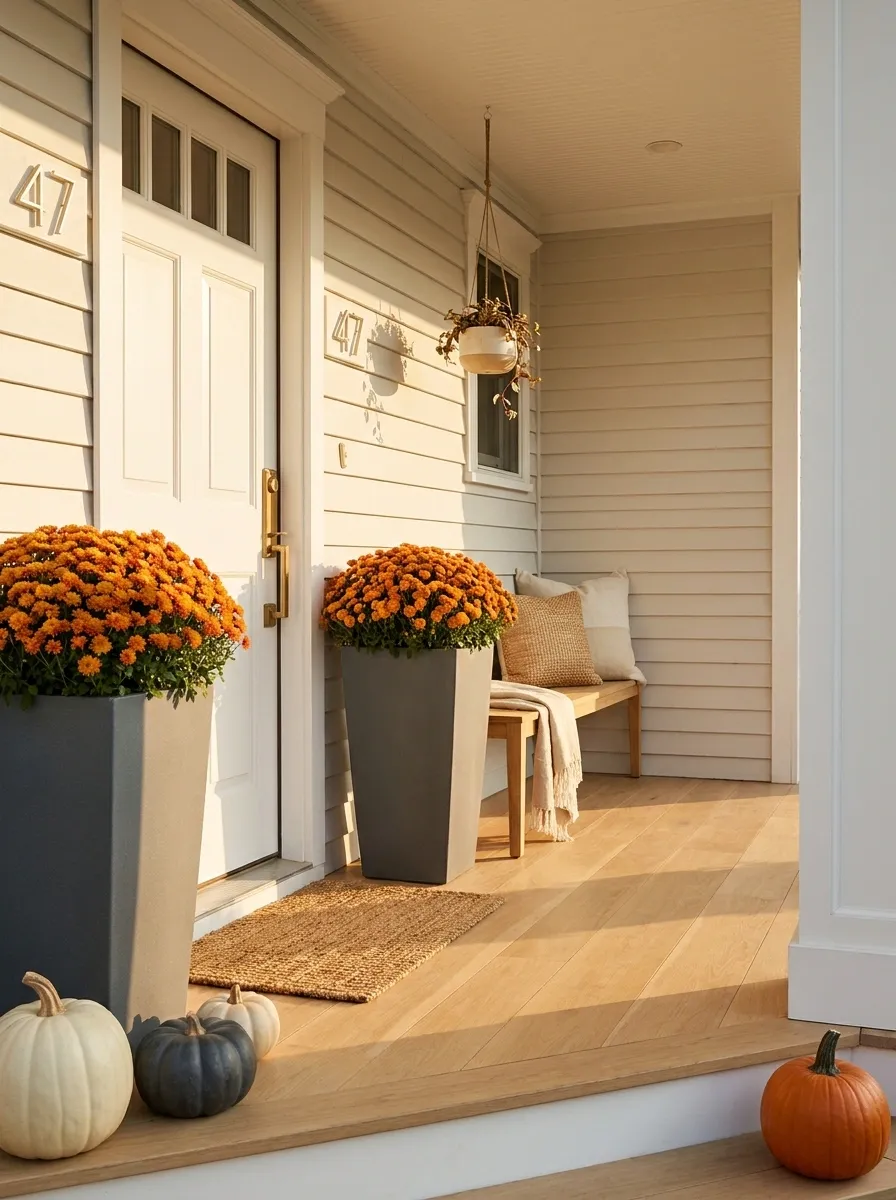 Narrow Front Porch With Vertical Mum Grouping