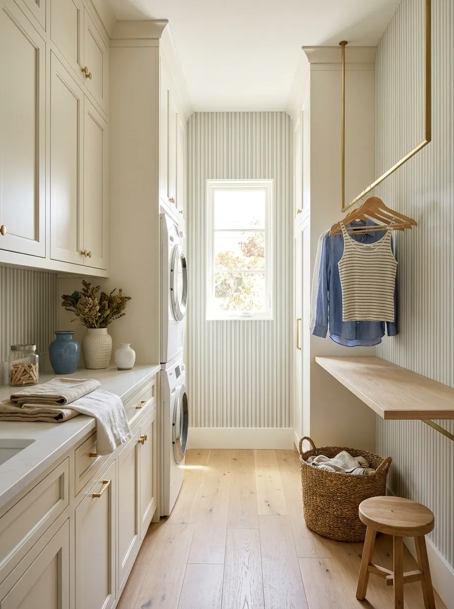 Narrow Galley Laundry Room With Vertical Striped Wallpaper