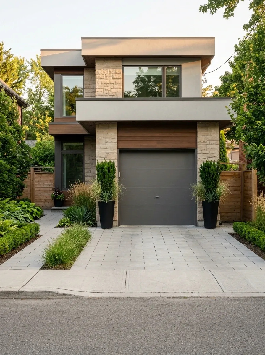 Narrow Garage Front With Tall Slim Planters