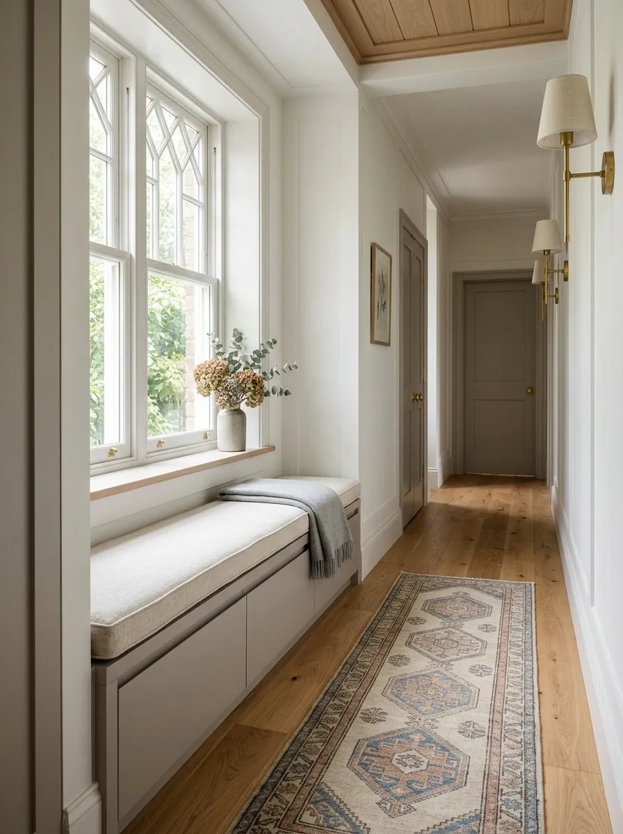 Narrow Hallway Window With a Tailored Storage Bench