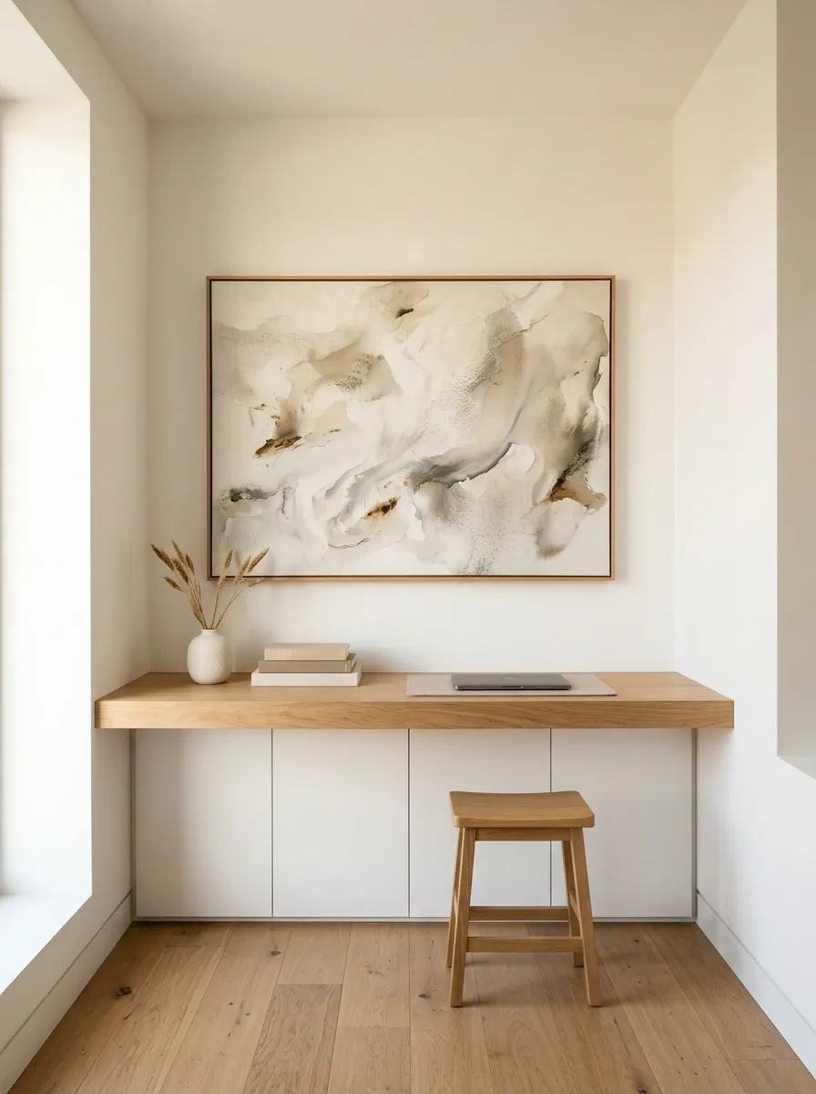 Narrow Home Office With One Long Horizontal Art Piece