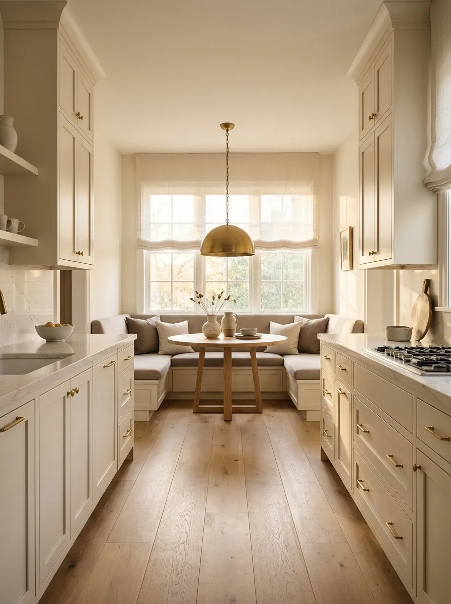 Narrow Kitchen With a Banquette at the Far End