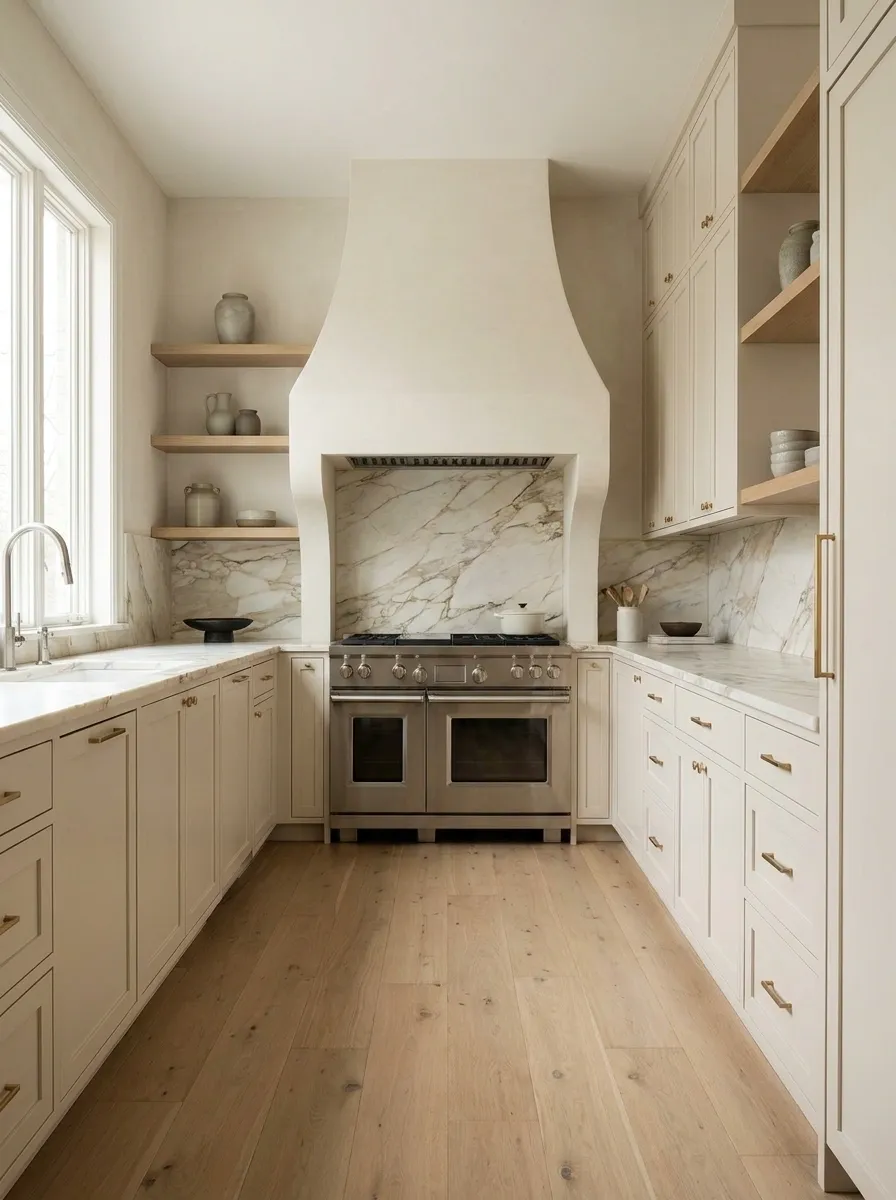 Narrow Kitchen With a Statement Range Wall