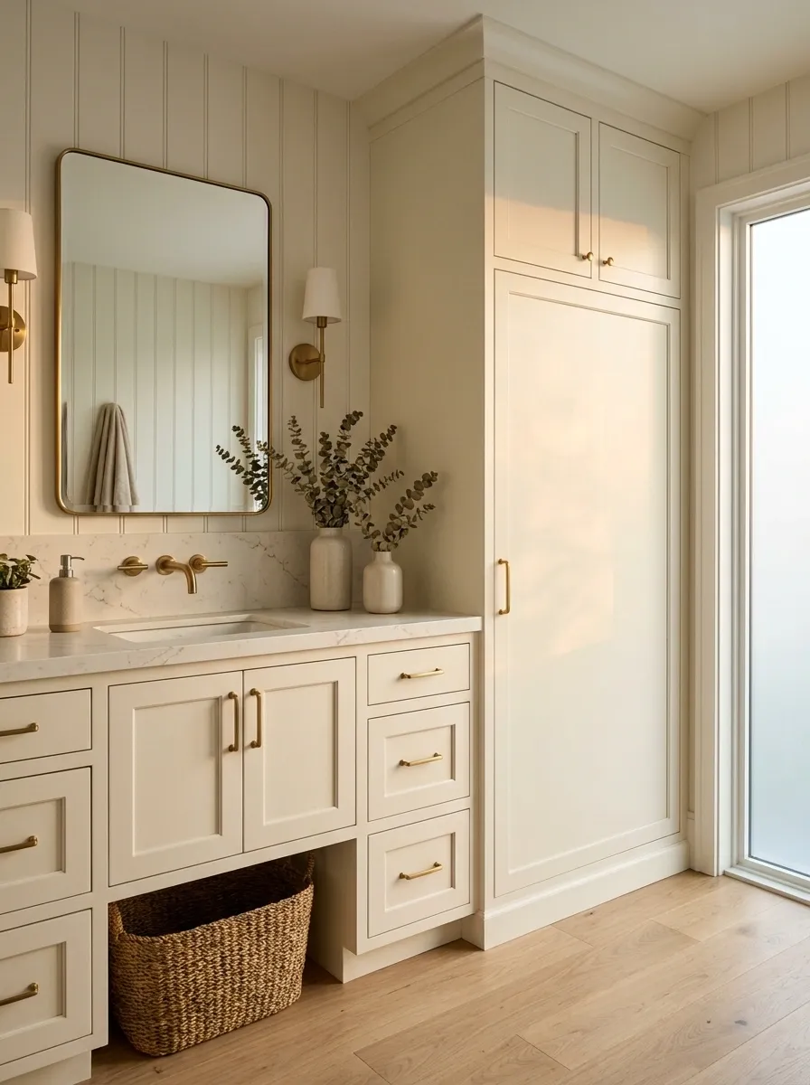 Narrow Laundry Tower Built Into the Vanity Wall
