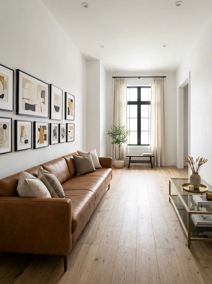 Narrow Living Room With a Long Brown Sofa and Gallery Wall