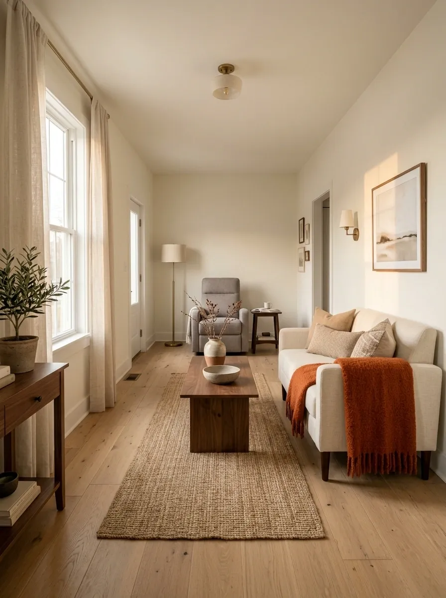 Narrow Living Room With One Recliner and a Petite Loveseat