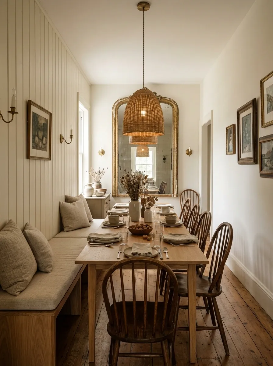 Narrow Long Vintage Dining Room With a Built-In Bench