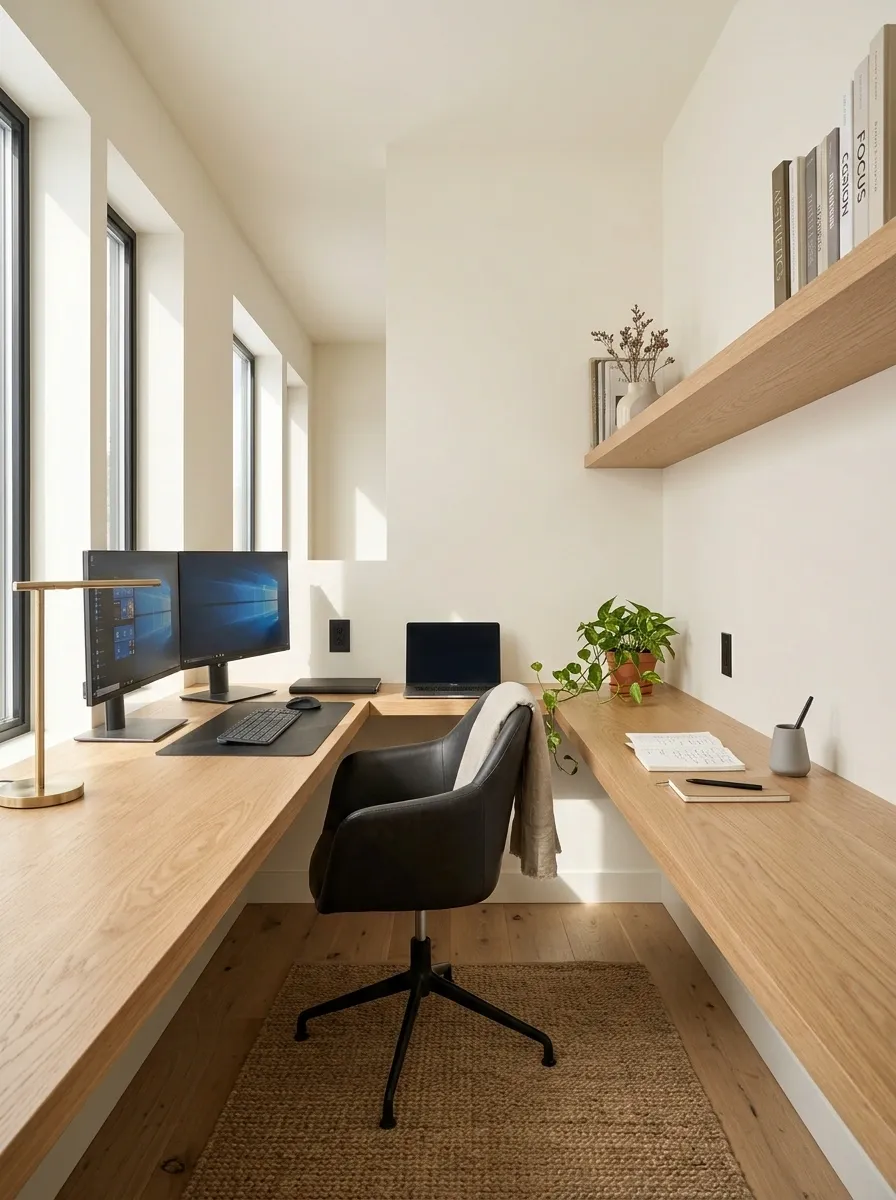 Narrow Office With a Long Wall-Mounted Worktop