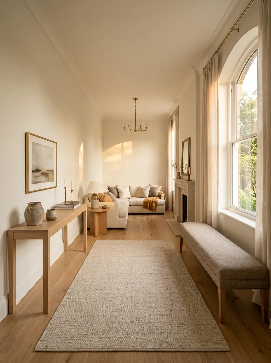 Narrow Room With a Long Corner Sofa and Wall-Hugging Table