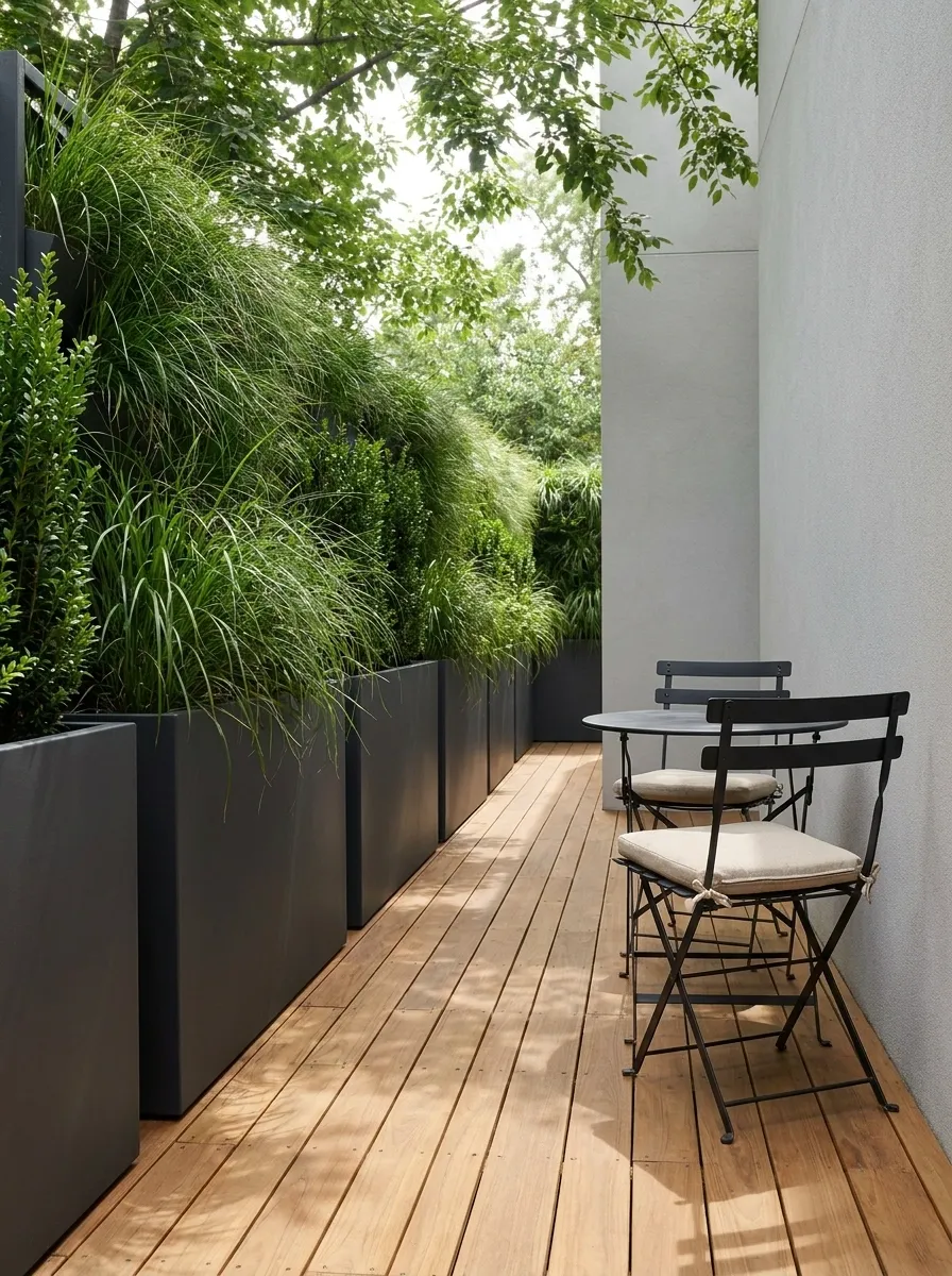 Narrow Side Deck With Planter Wall and Slim Bistro Seating