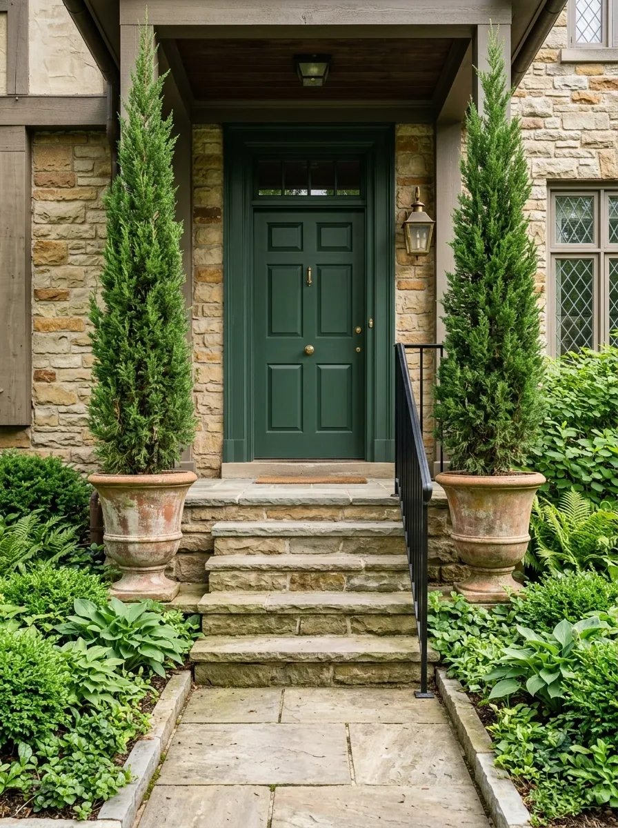 Narrow Steps With Vertical Evergreen Planting