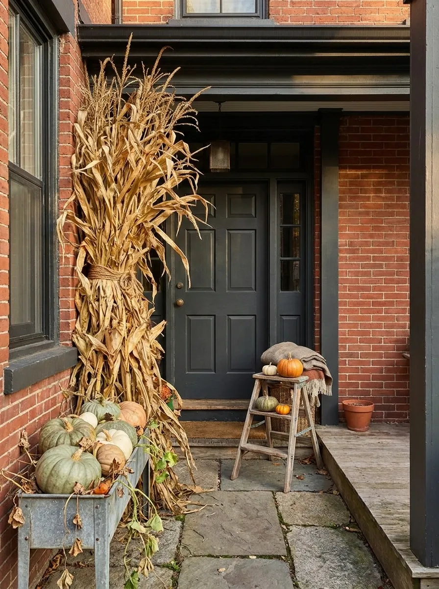 Narrow Townhouse Porch With One-Sided Corn Stalk Framing