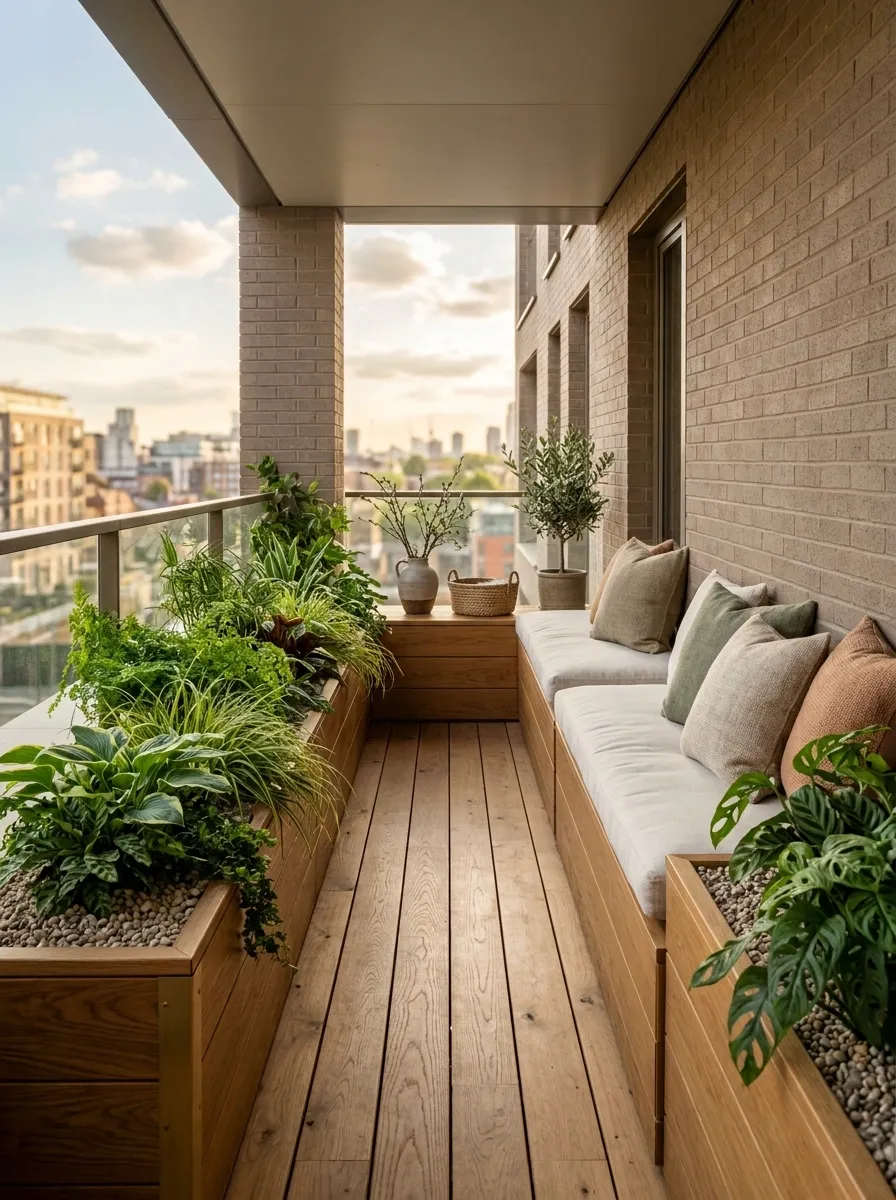 Narrow Urban Balcony With Built-In Bench and Raised Planters
