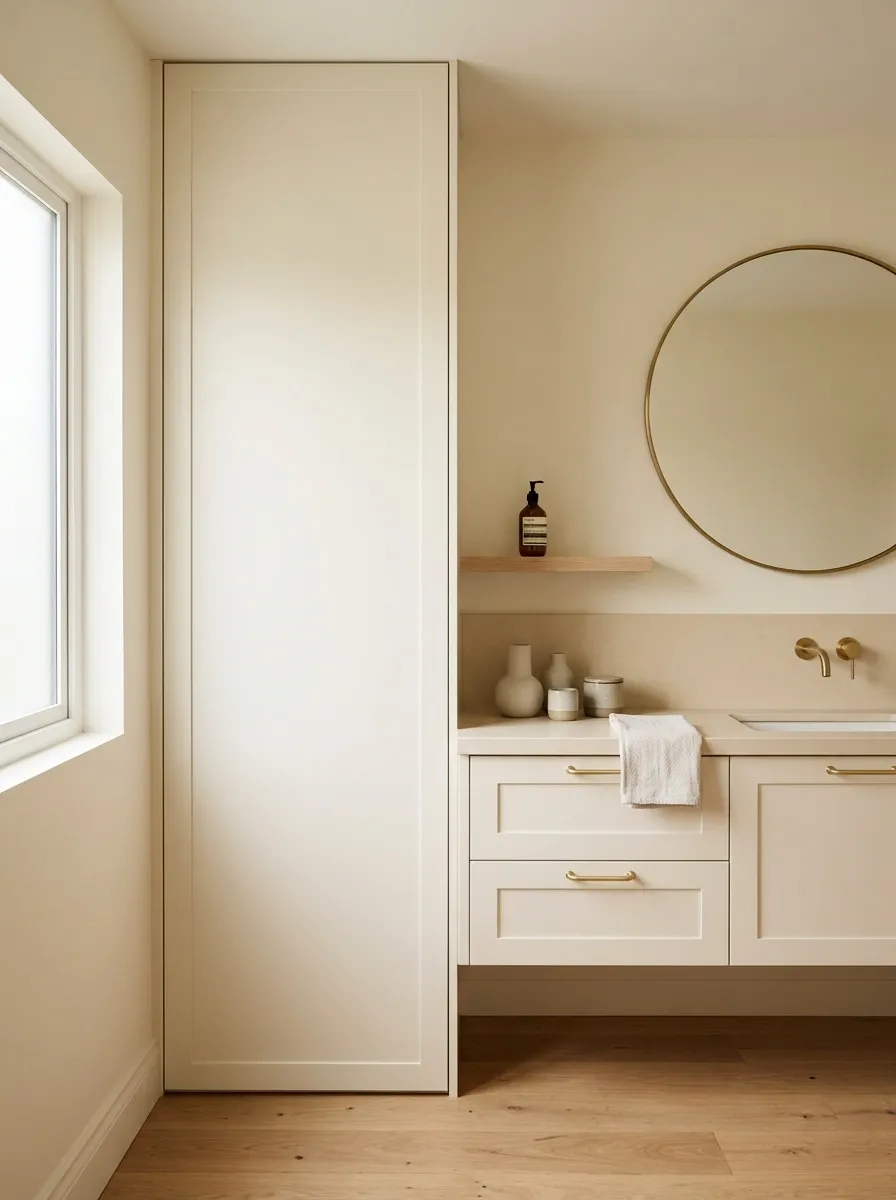 Narrow Vanity Wall With a Full-Height Cabinet Door