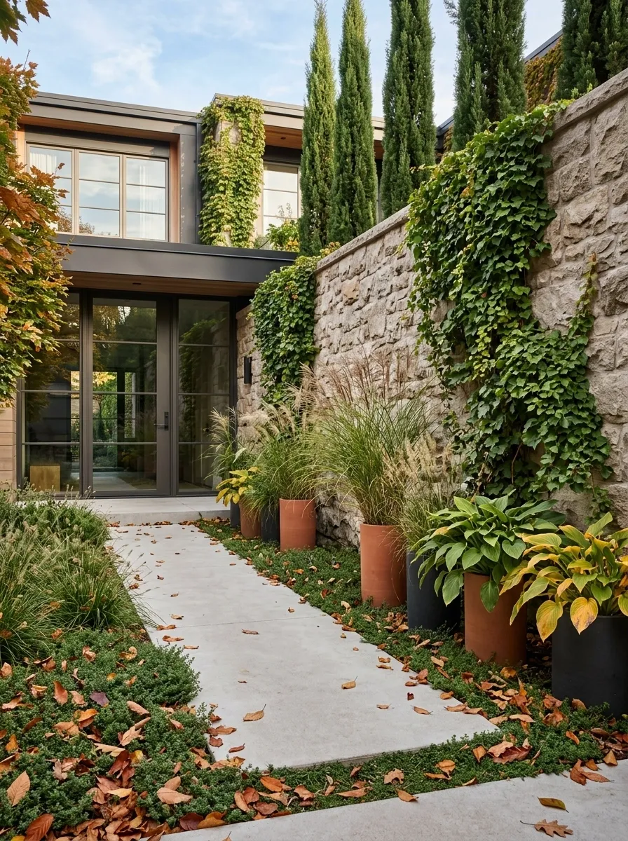Narrow Yard With Vertical Planting and Wall Texture