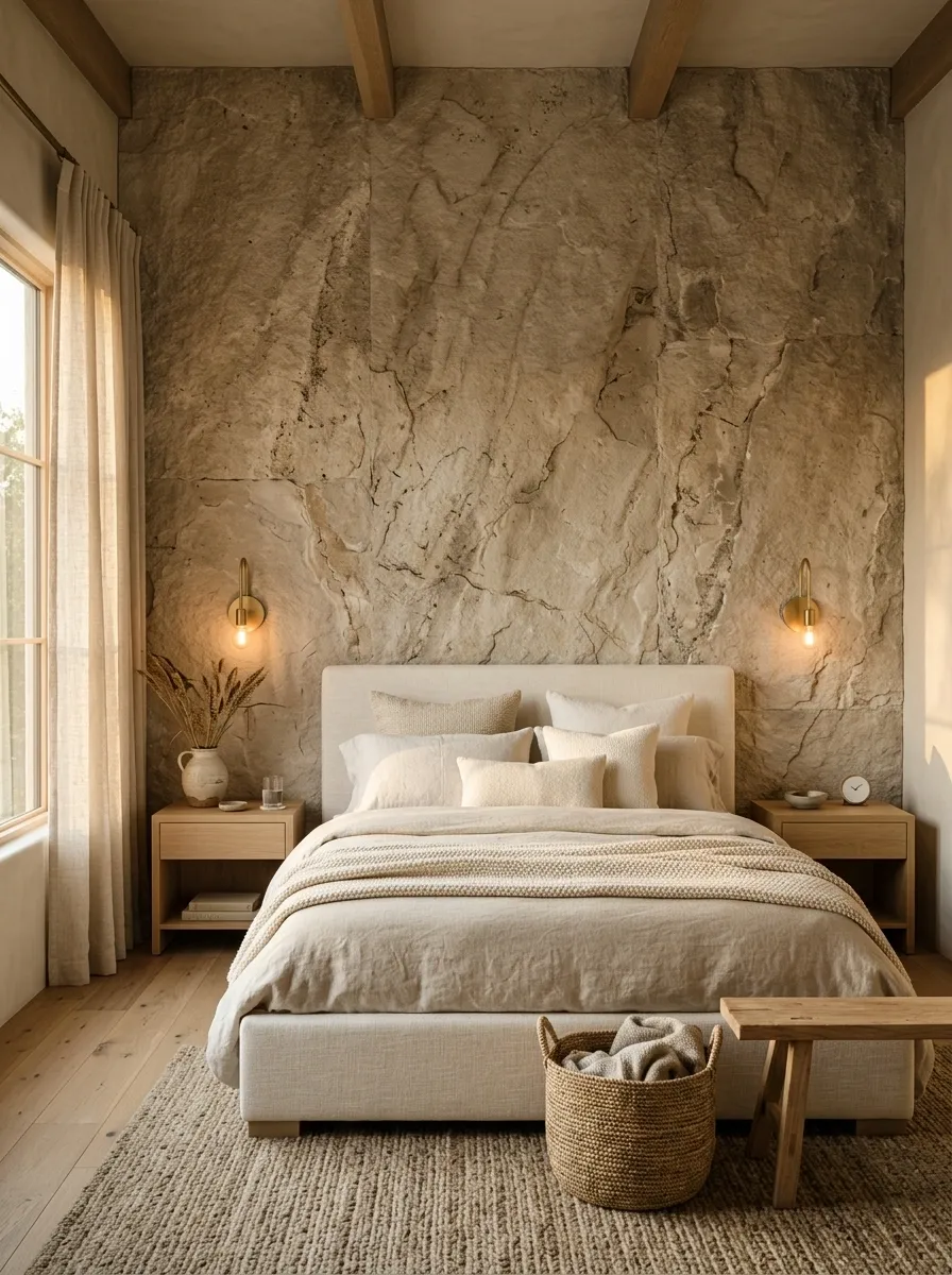 Natural Bedroom With a Full-Width Stone Headboard Wall