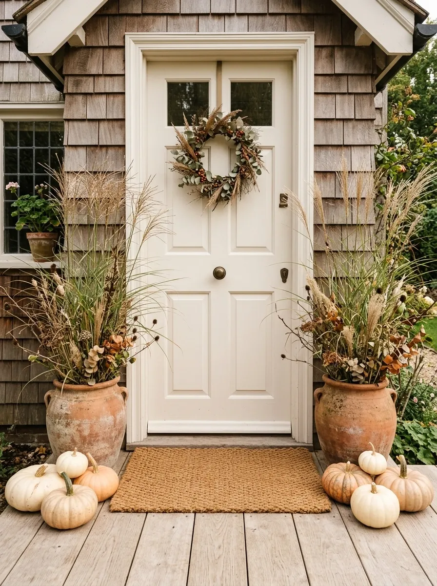Natural Coir Mat With Terracotta Pots and a Warm White Door