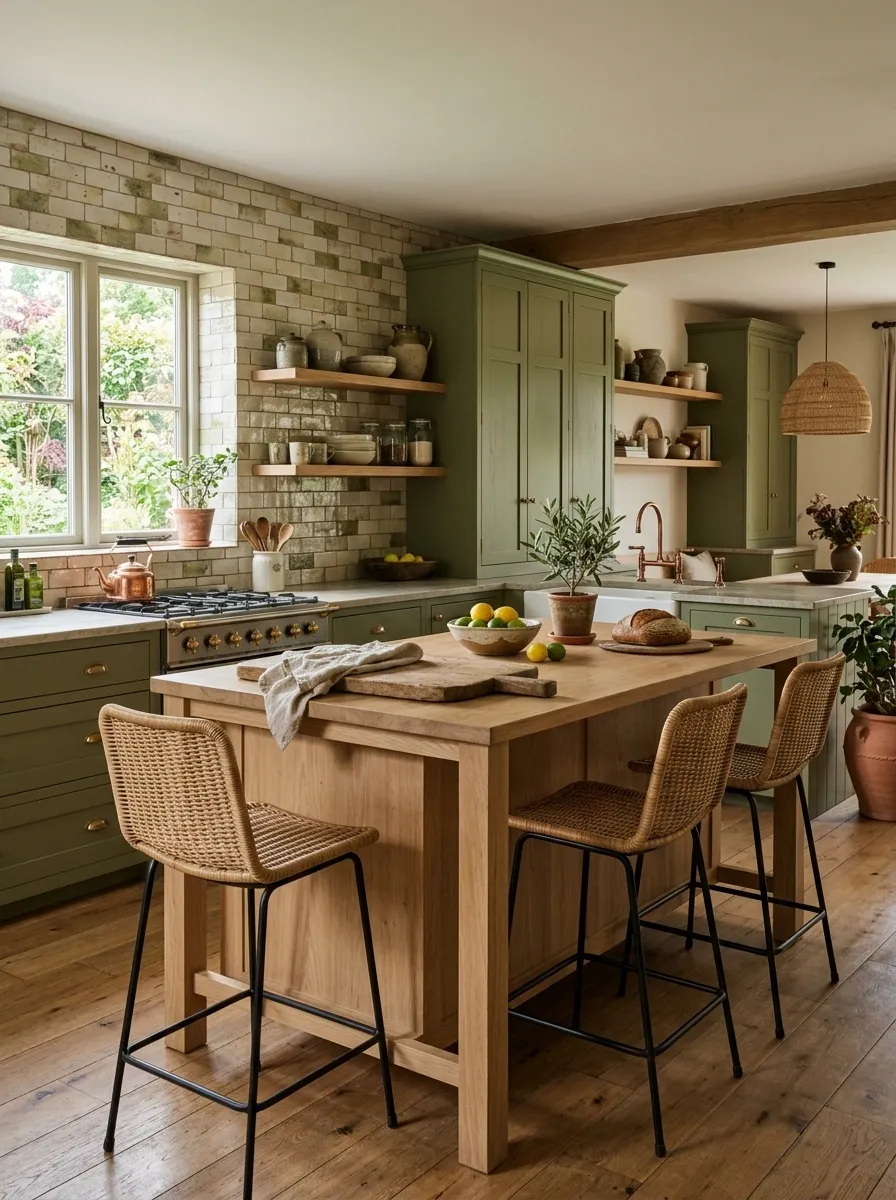 Natural Green Kitchen With Rattan, Oak, and Handmade Ceramic Tile