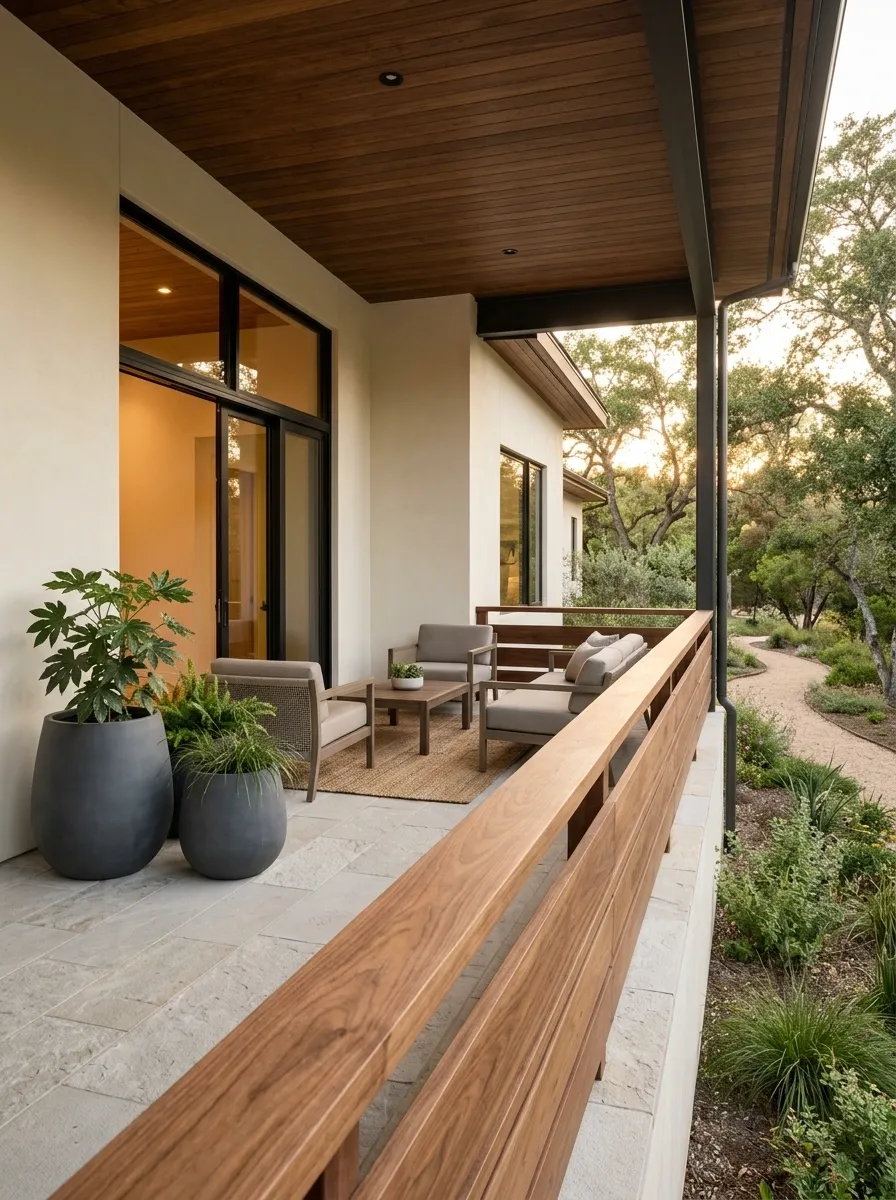 Natural Modern Porch With Walnut Railings and Stone Flooring