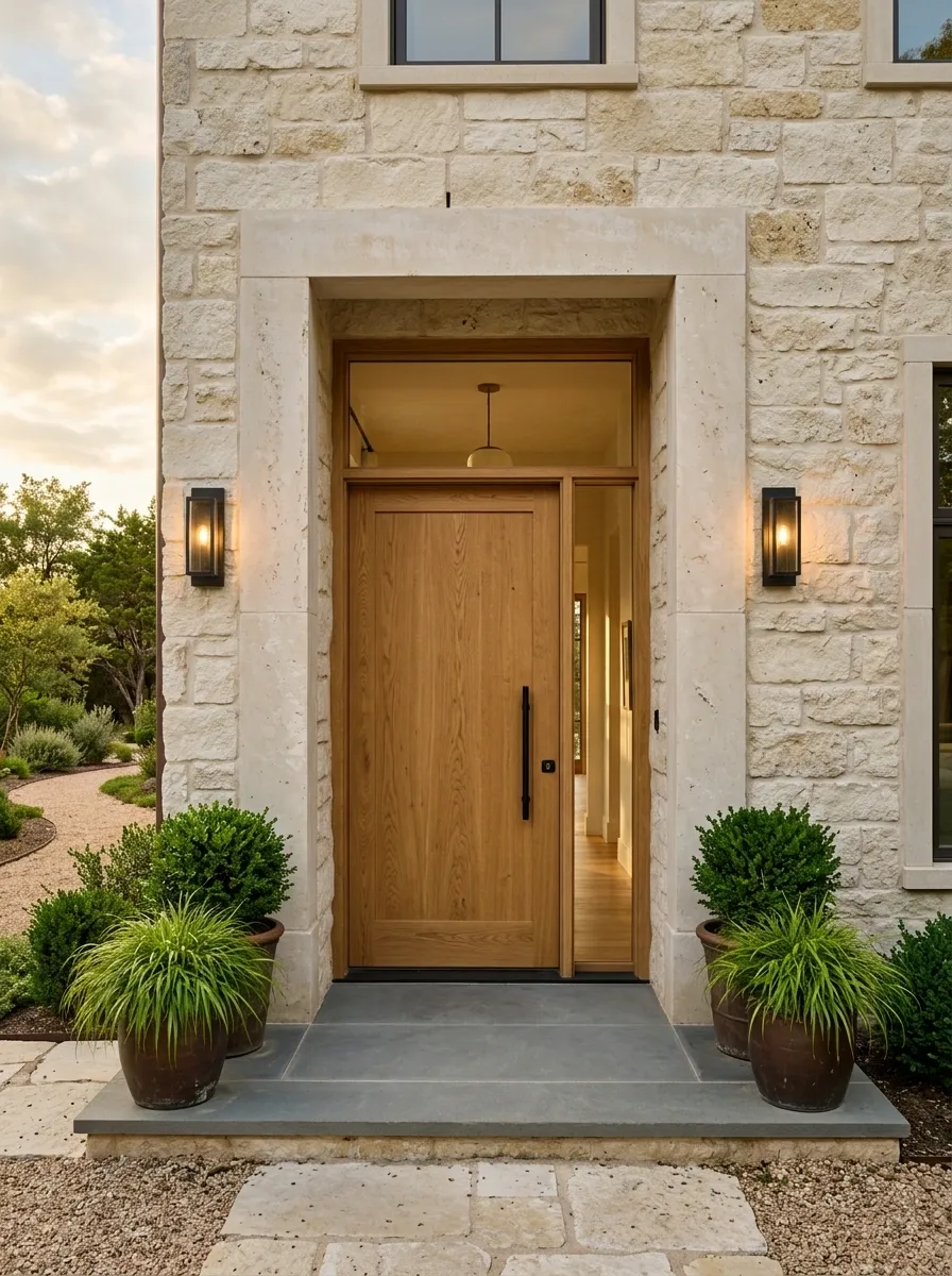 Natural Oak Door With Stone-Framed Entry