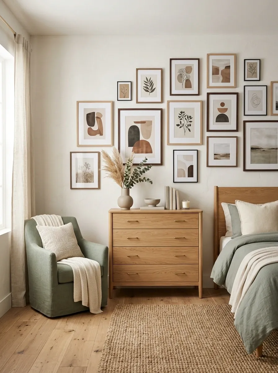 Natural Oak Dresser With a Full Gallery Wall and Sage Textiles