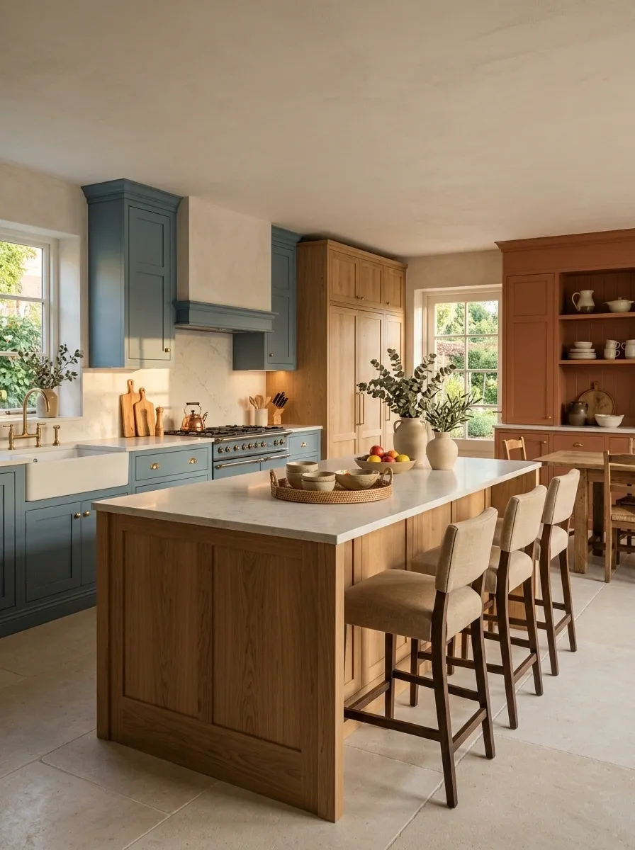 Natural Oak, Dusty Blue, and Terracotta European Inspired Kitchen