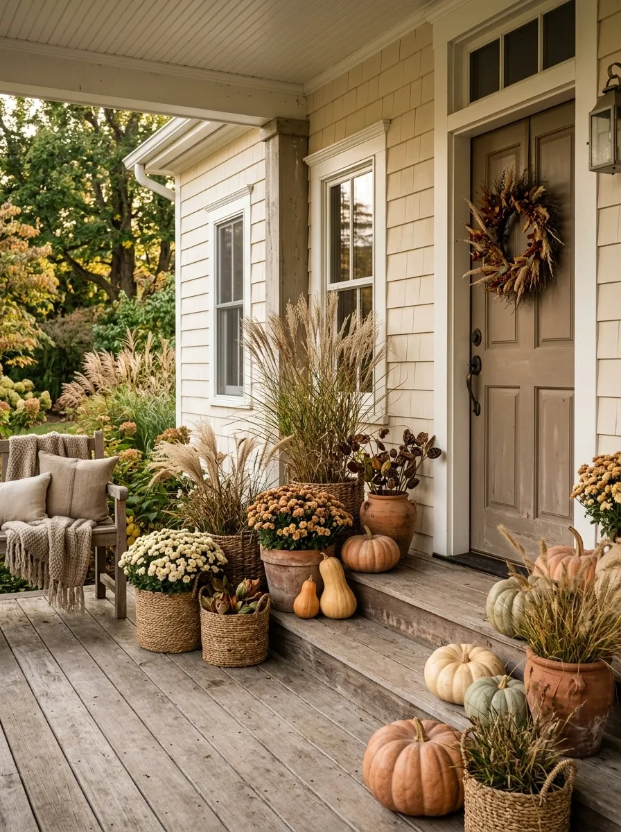 Natural Prairie Porch With Mums and Dried Grasses