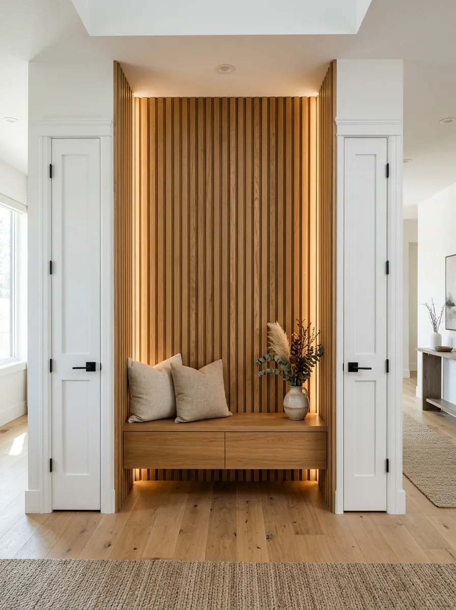 Natural Wood Slat Wall With an Integrated Bench