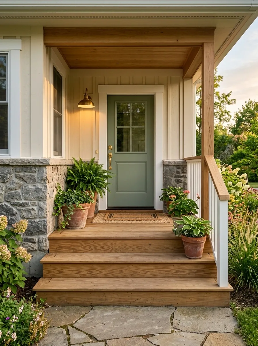 Natural Wood Steps With a Soft Green Door