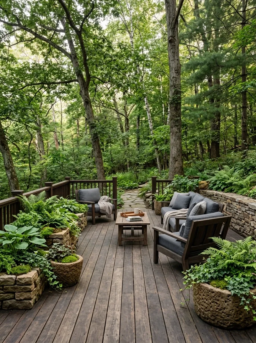 Natural Woodland Deck With Stone Planters and Soft Green Foliage