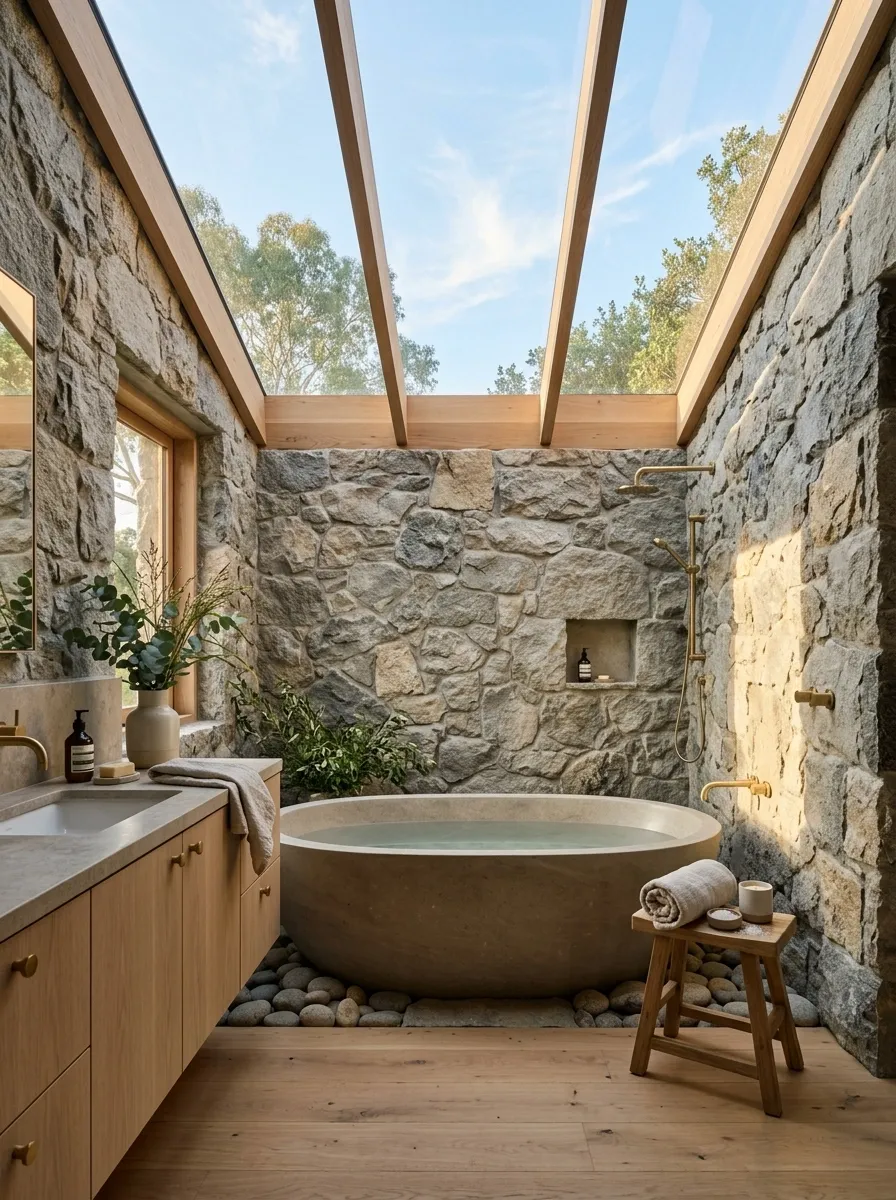 Nature-Focused Bathroom With Skylight and Natural Stone