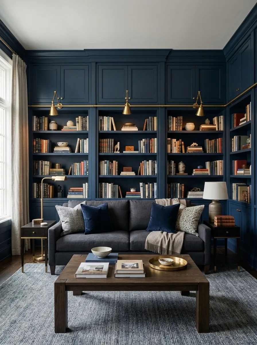 Navy and Grey Library-Style Living Room