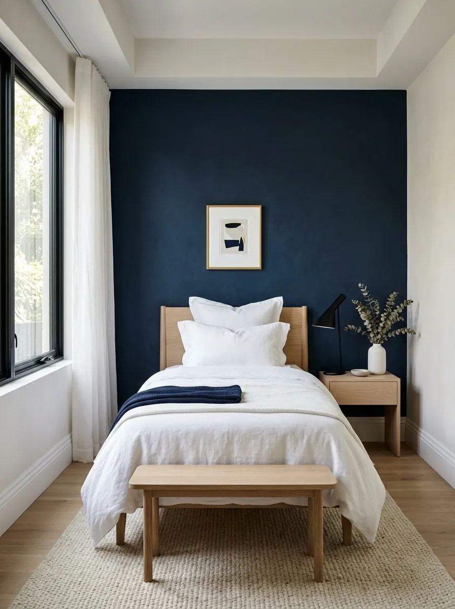 Navy Blue Bedroom With Crisp White Bedding