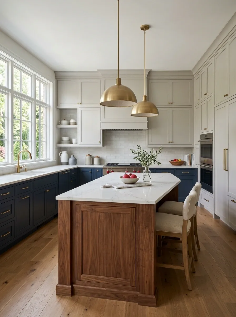Navy Blue, Pale Gray, and Warm Walnut Kitchen