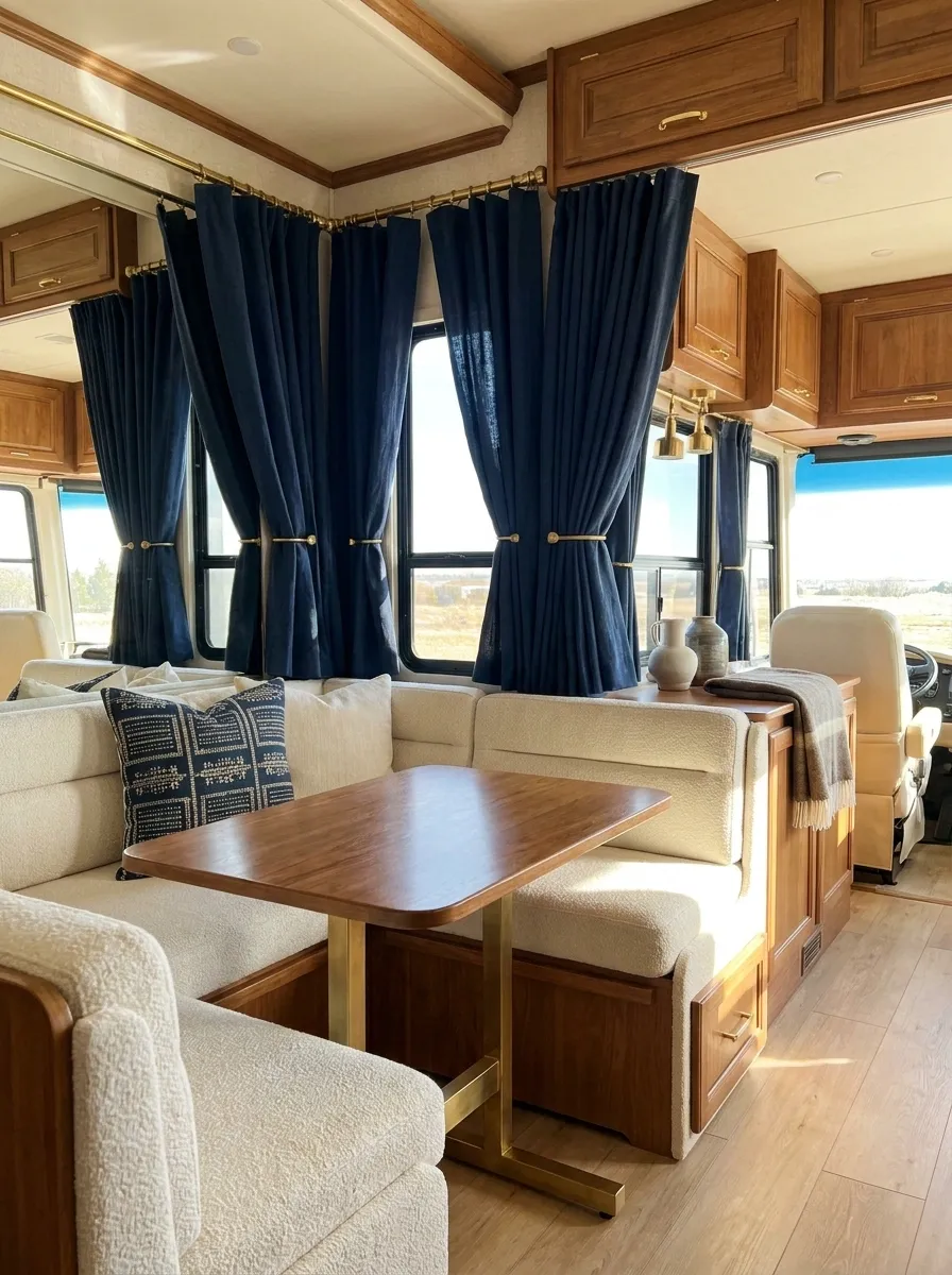Navy Curtains in a Classic Family RV Interior
