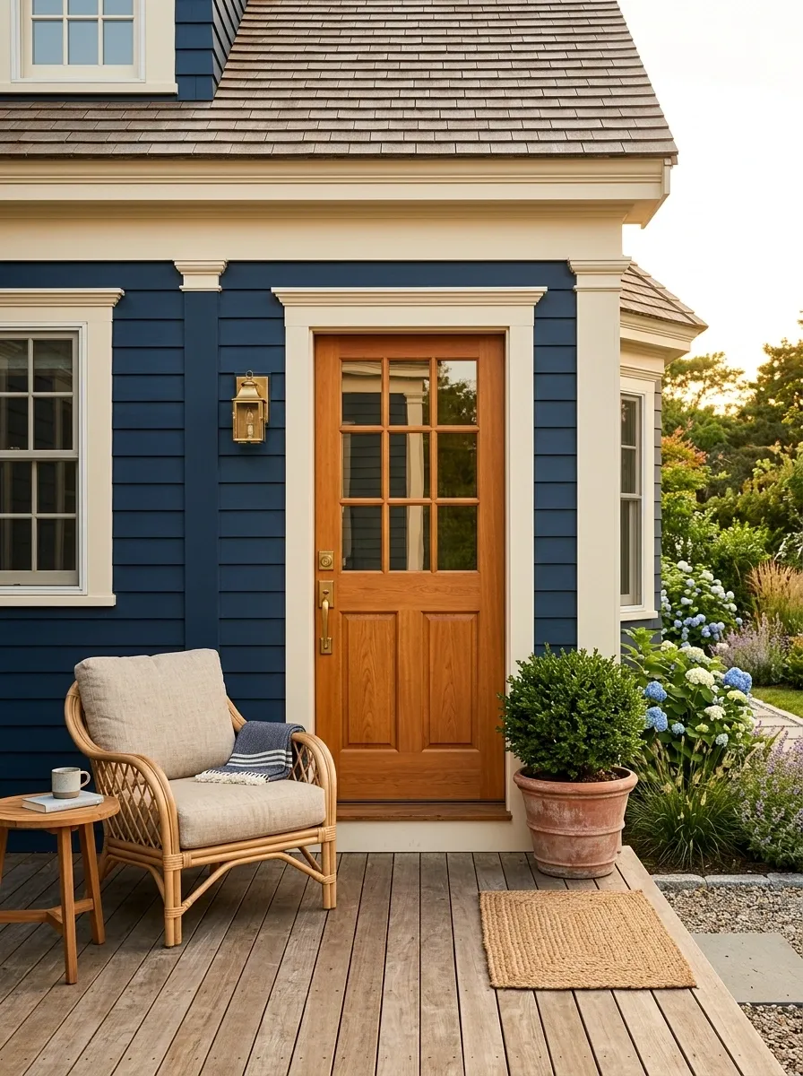 Navy Porch With Crisp Trim and Warm Wood