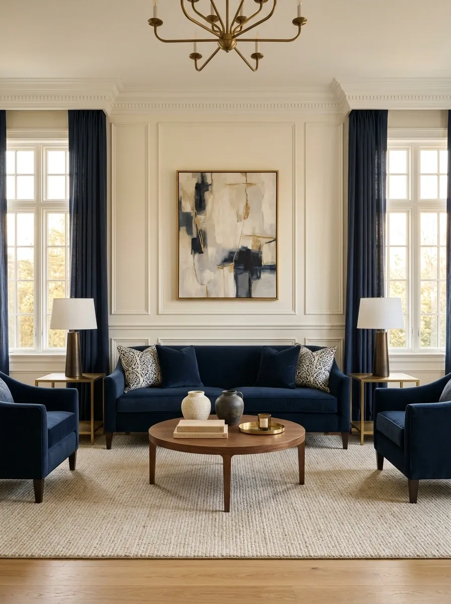 Navy Sofa in a Formal Symmetrical Living Room