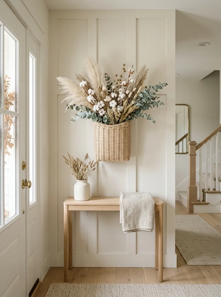 Neutral Basket With Dried Grasses And Cotton Stems